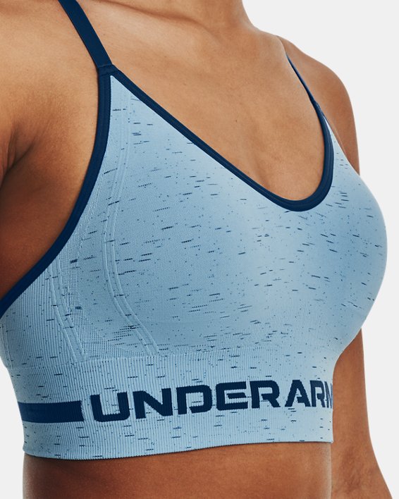 Women's UA Seamless Low Long Heather Sports Bra, Blue, pdpMainDesktop image number 9